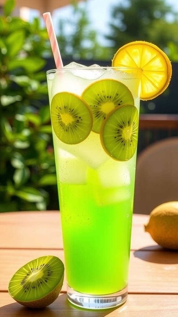 A refreshing kiwi vodka cooler in a tall glass with ice and garnishes, set against a sunny background.